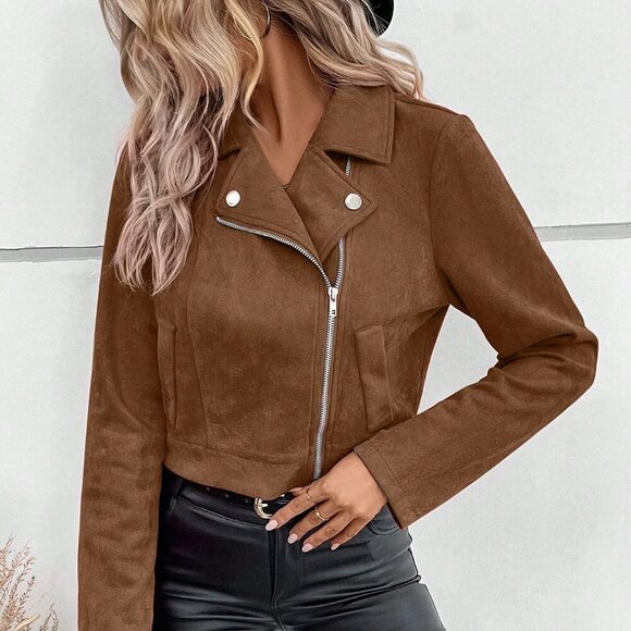 Coffee Brown Casual Women's Lapel Collar Zipper Crop Jacket - Picture 6 of 8